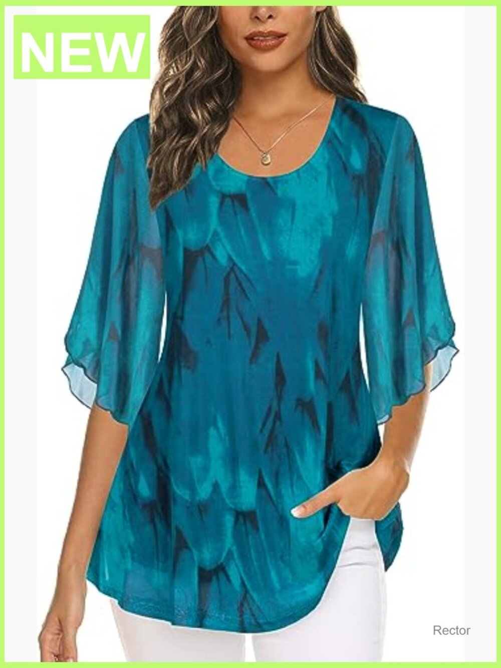 Women's Tunics 3/4 Sleeve Blouses Dressy Casual Double Layer Mesh Tunic Shirts - Picture 2 of 7